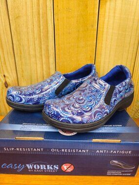 Easy Works By Easy Street Womens Blue Mosaic Print Slip-Resistant Shoes Size 10M